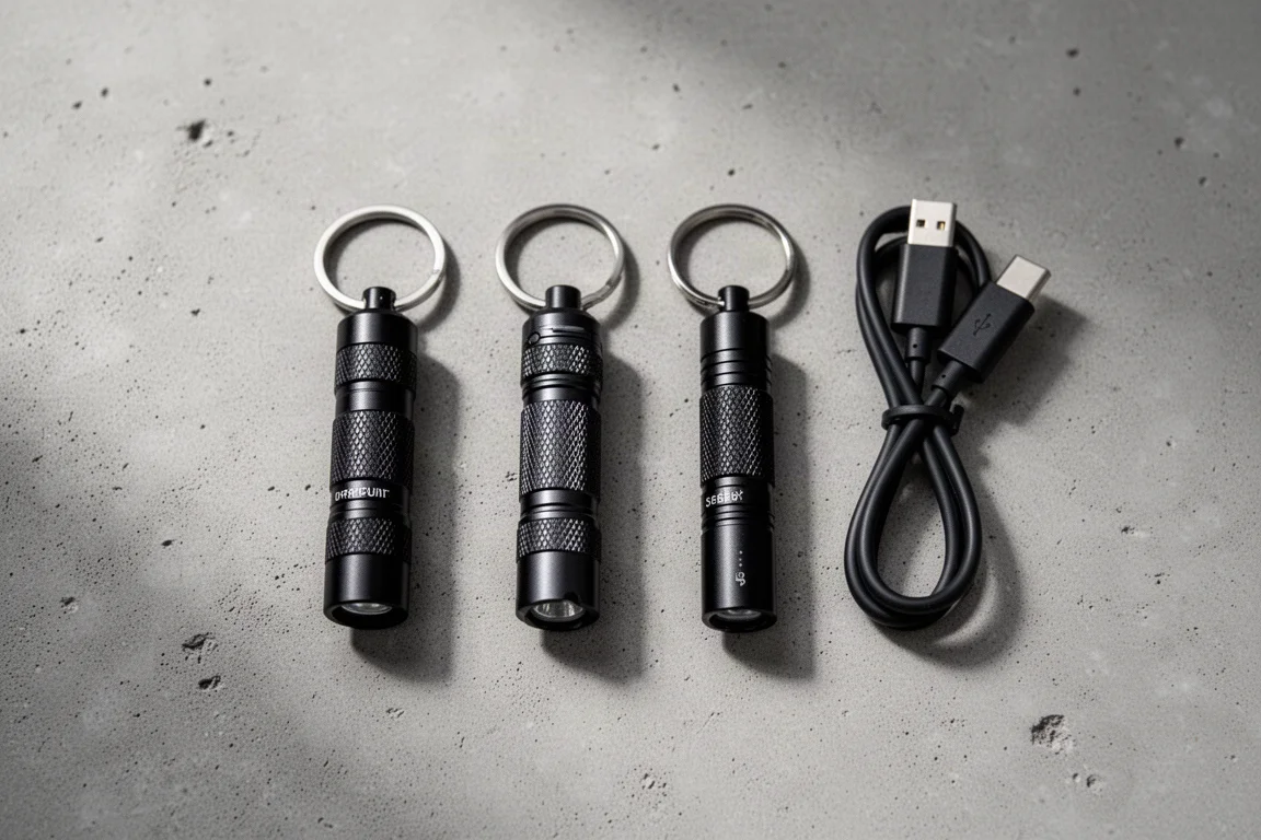 Collection of small everyday carry flashlights arranged in a row on concrete