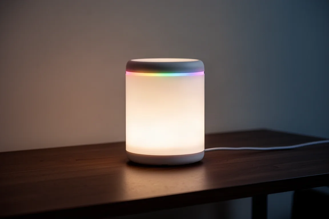 Warm en veelkleurig lampenlicht dat 's nachts een donker bureau verlicht