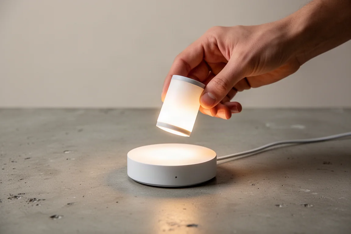Zaklamp die in een gedempte ruimte van zijn oplaadbasis wordt getild