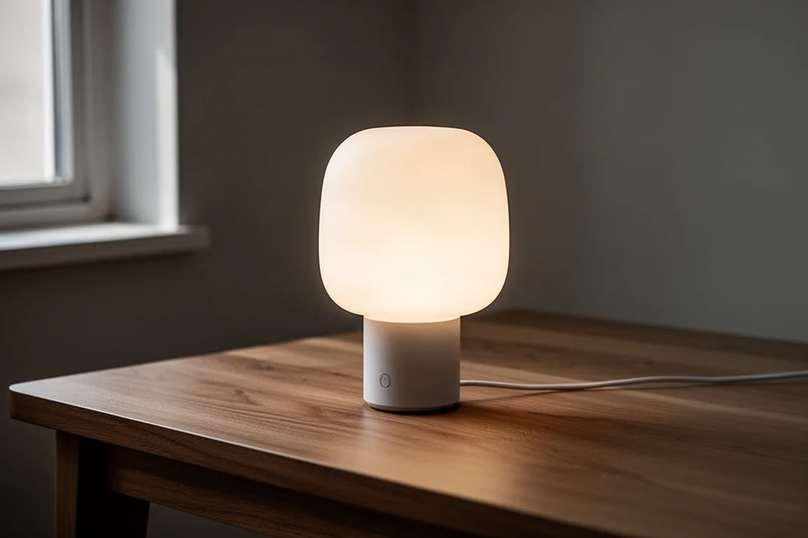 Rechargeable table lamp with warm white glow on a wooden desk in a dim room