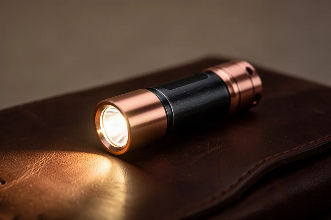 Torche au corps en cuivre brillant sur une surface en cuir sombre la nuit