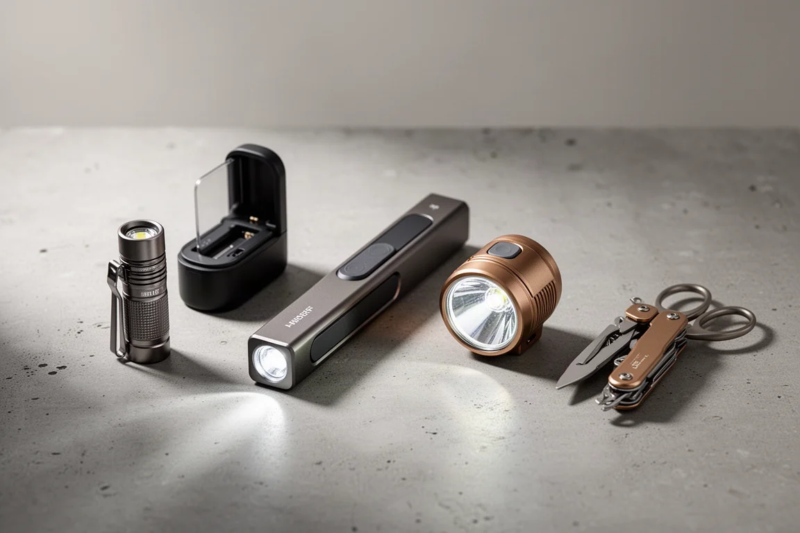 Assortimento di torce tascabili compatte da everyday carry e un multiuso su cemento