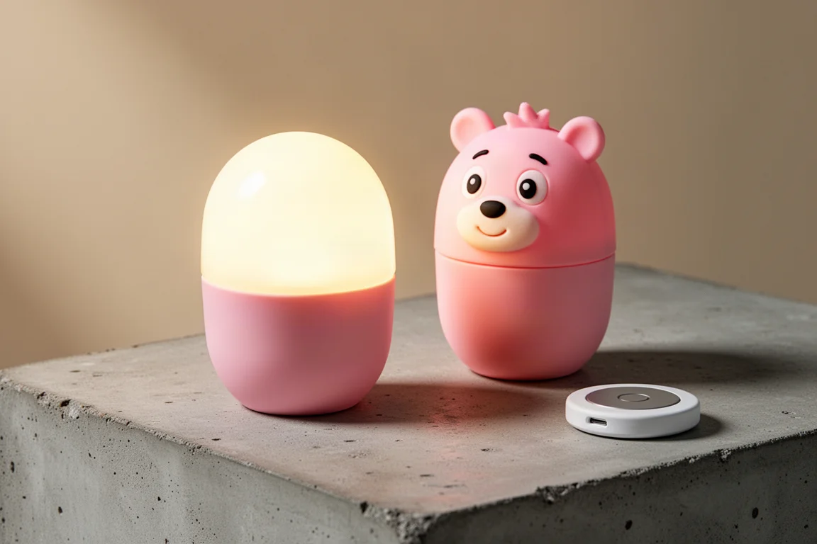 Two compact Olight bulb lights with silicone covers on a concrete surface
