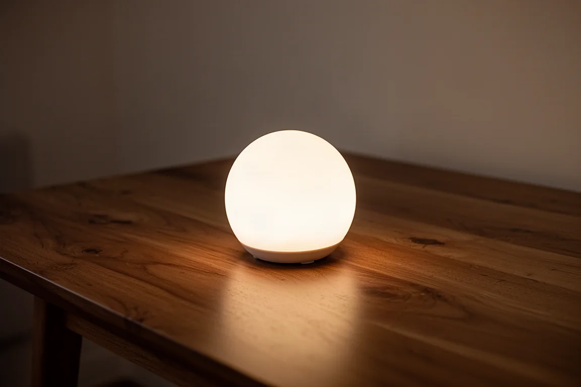 Lanterna LED sferica illuminata che proietta luce calda su un tavolo di legno