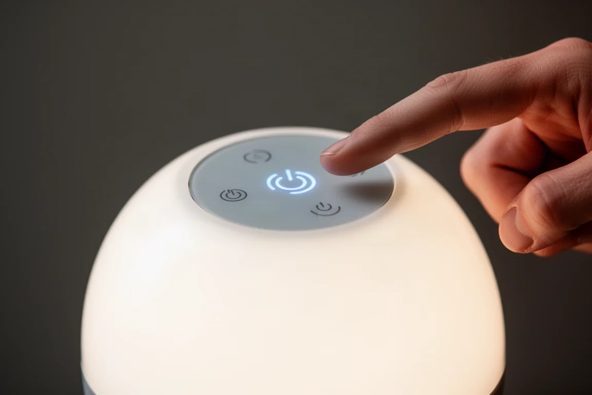 Primo piano di un dito che tocca la parte superiore touch di una luce a sfera accesa