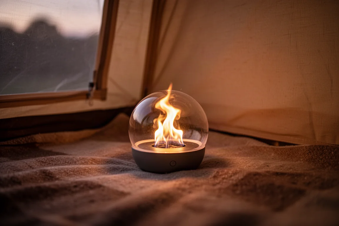 Luce calda con effetto fiamma tremolante all'interno di un camper al tramonto