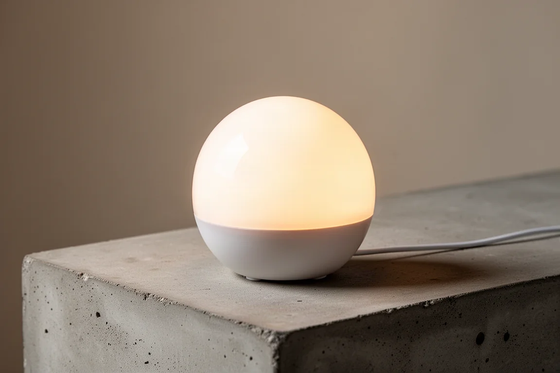 Small glowing spherical LED ambient light resting on a matte concrete surface