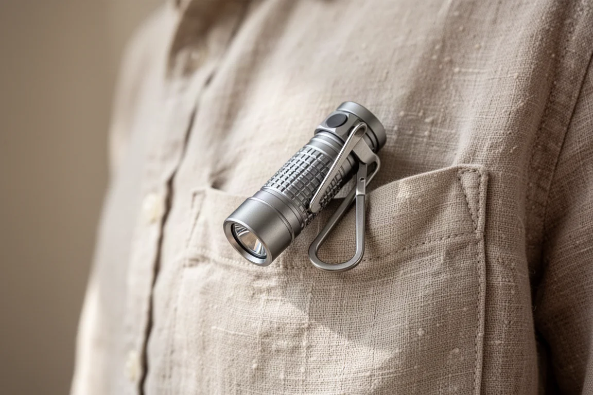 Kleine Aluminium-EDC-Lampe, an einem Hemdkragen-clip befestigt