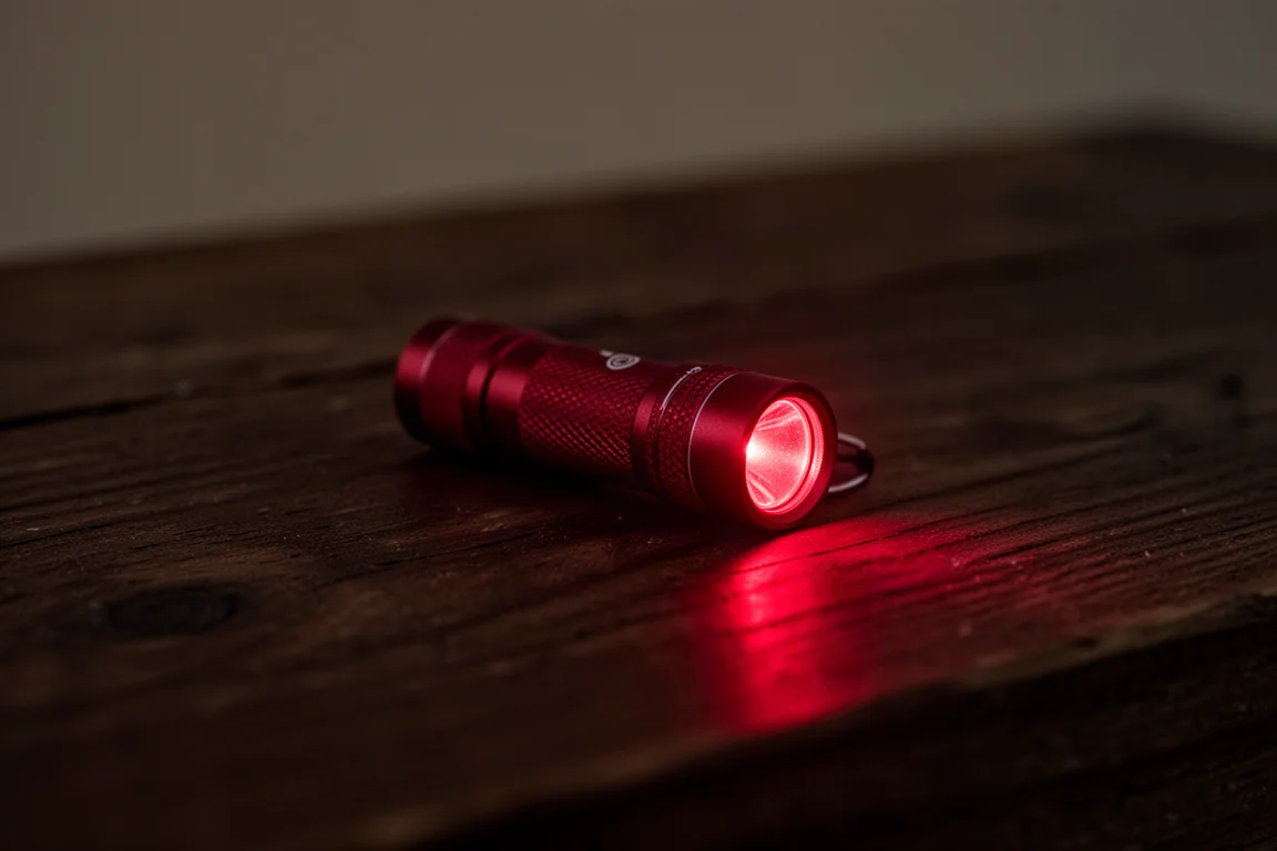 Weiches rotes Leuchten einer kleinen EDC-Lampe in einem abgedunkelten Raum