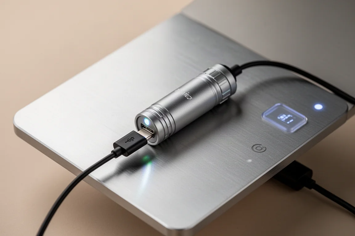 USB-C-Ladekabel, an eine kleine EDC-Lampe angeschlossen