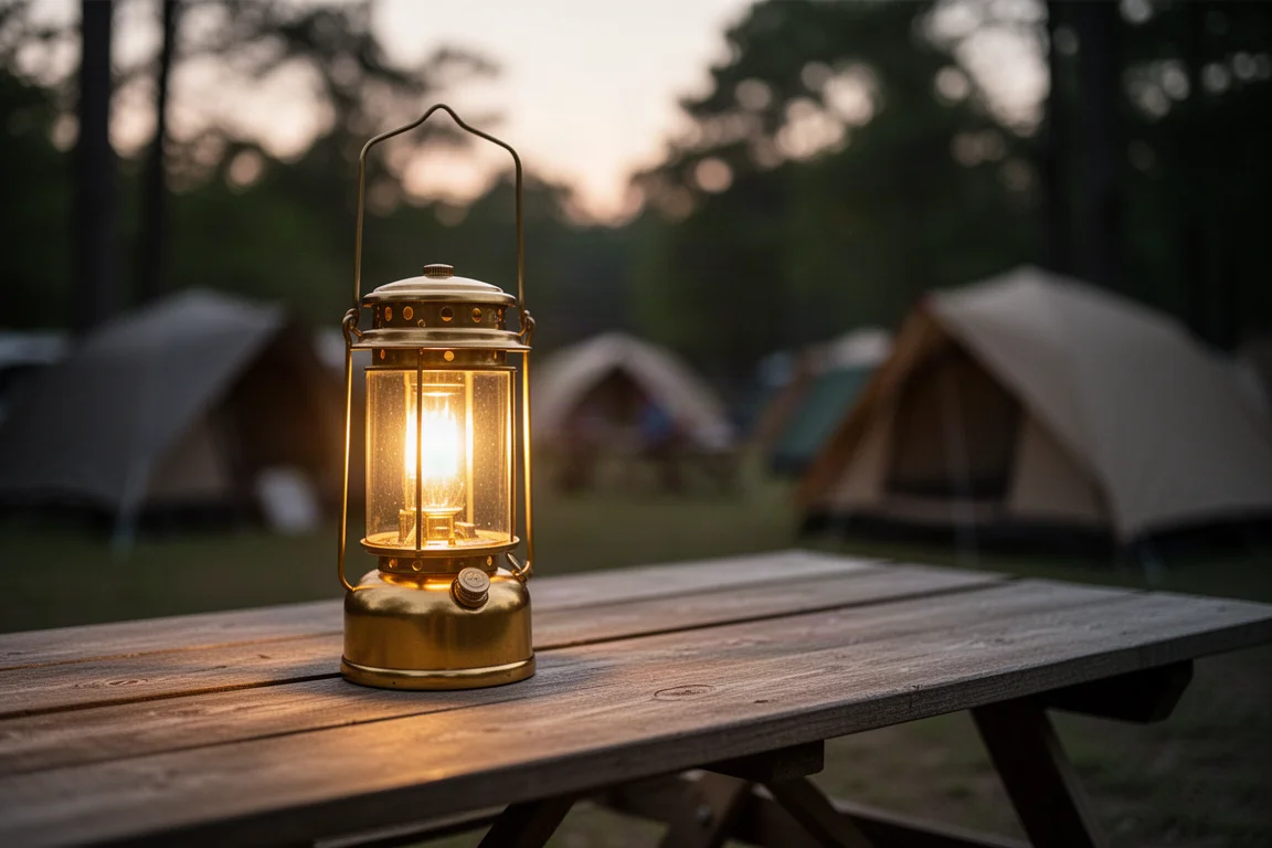 Retro latarnia kempingowa świecąca ciepłym złotem na piknikowym stole w obozie o zmierzchu