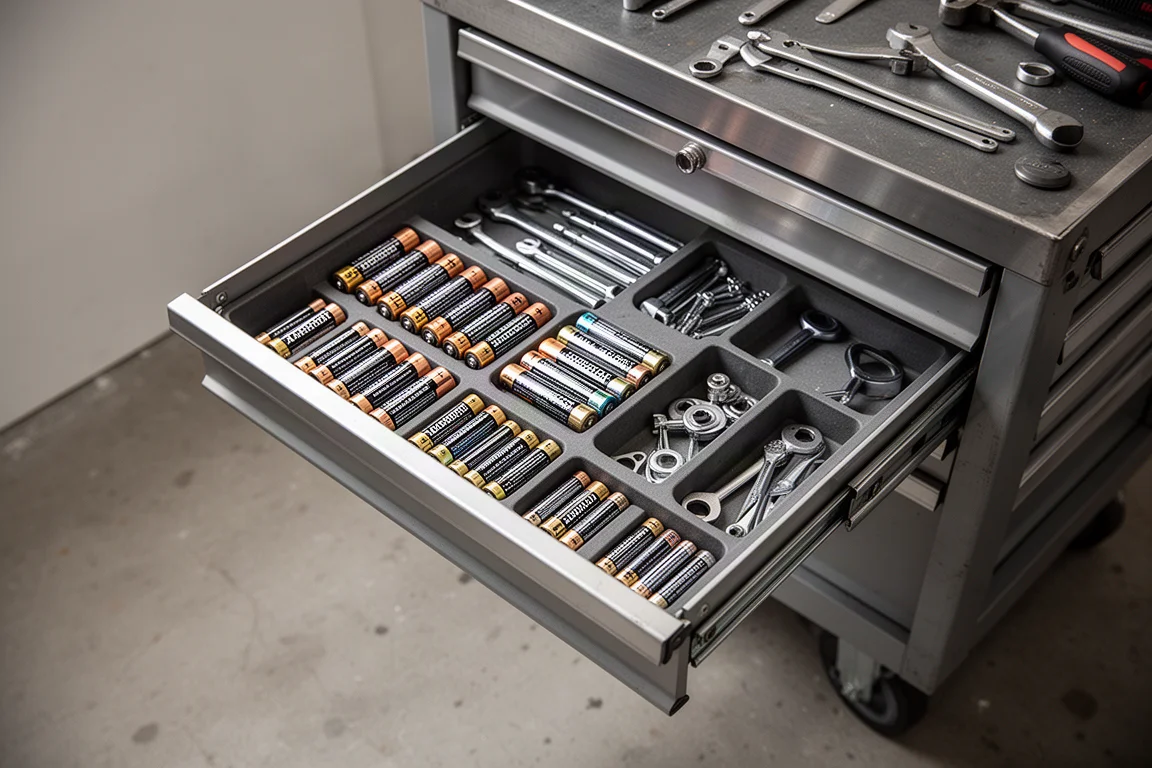 Batterie AA e AAA organizzate in un cassetto di una cassetta degli attrezzi in metallo