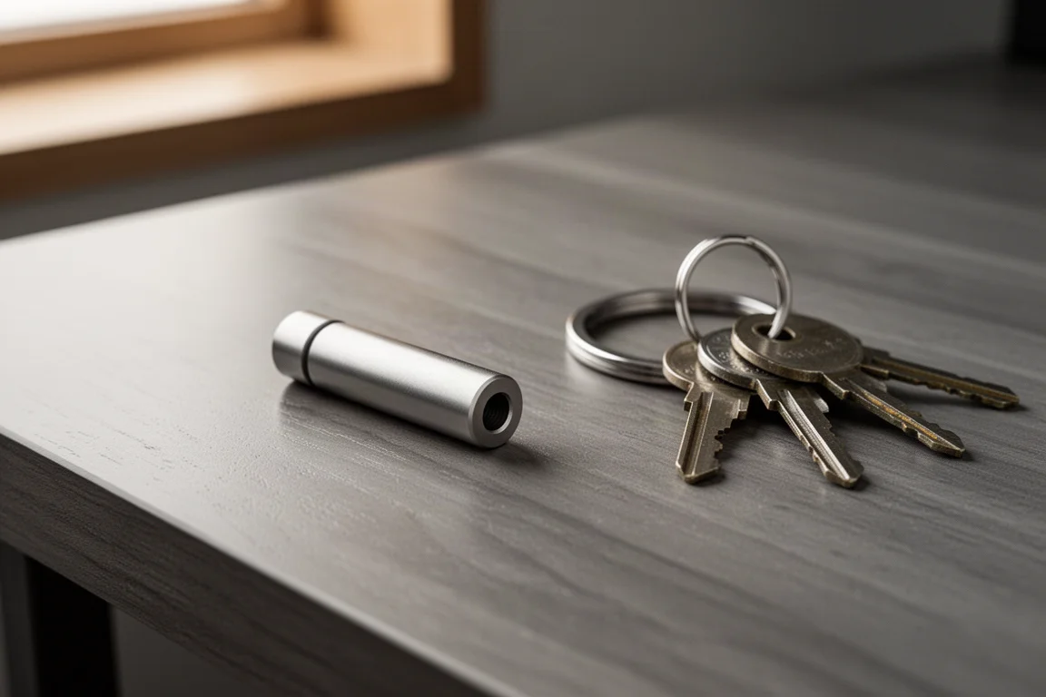 Mousqueton porte-clés en titane posé sur un bureau en bois avec des clés attachées