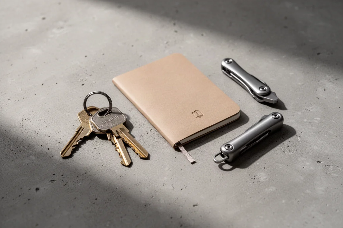Contenu de poche EDC étalé sur une surface en béton