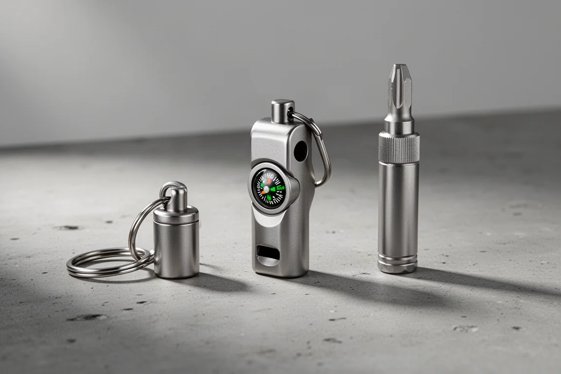 Three compact titanium O Tackle everyday carry tools arranged on a concrete surface