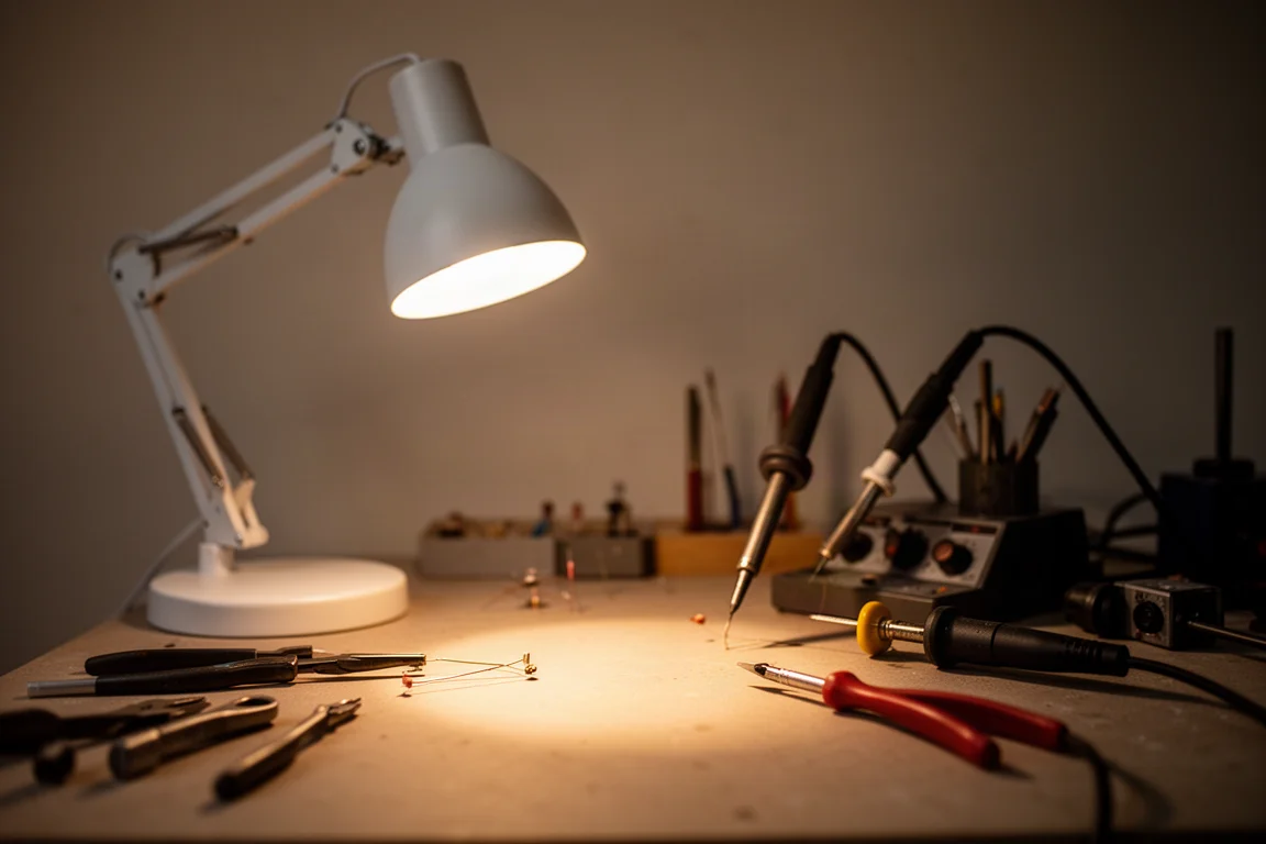 Warm desk lamp glowing on a workbench in a dim workshop