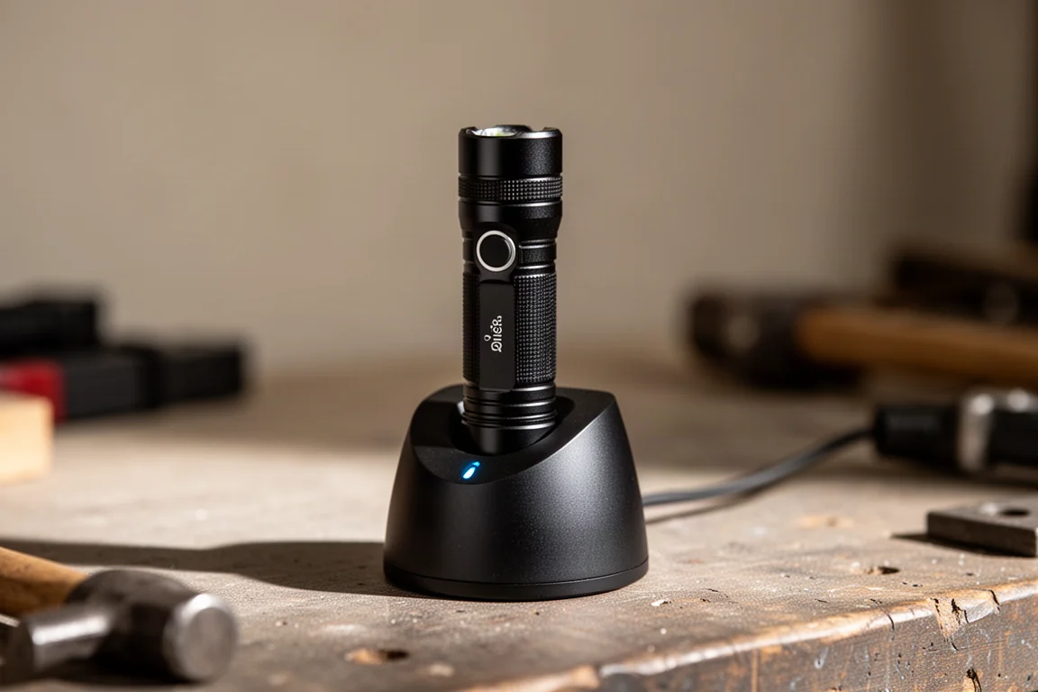 Flashlight docked in a charging base on a workbench