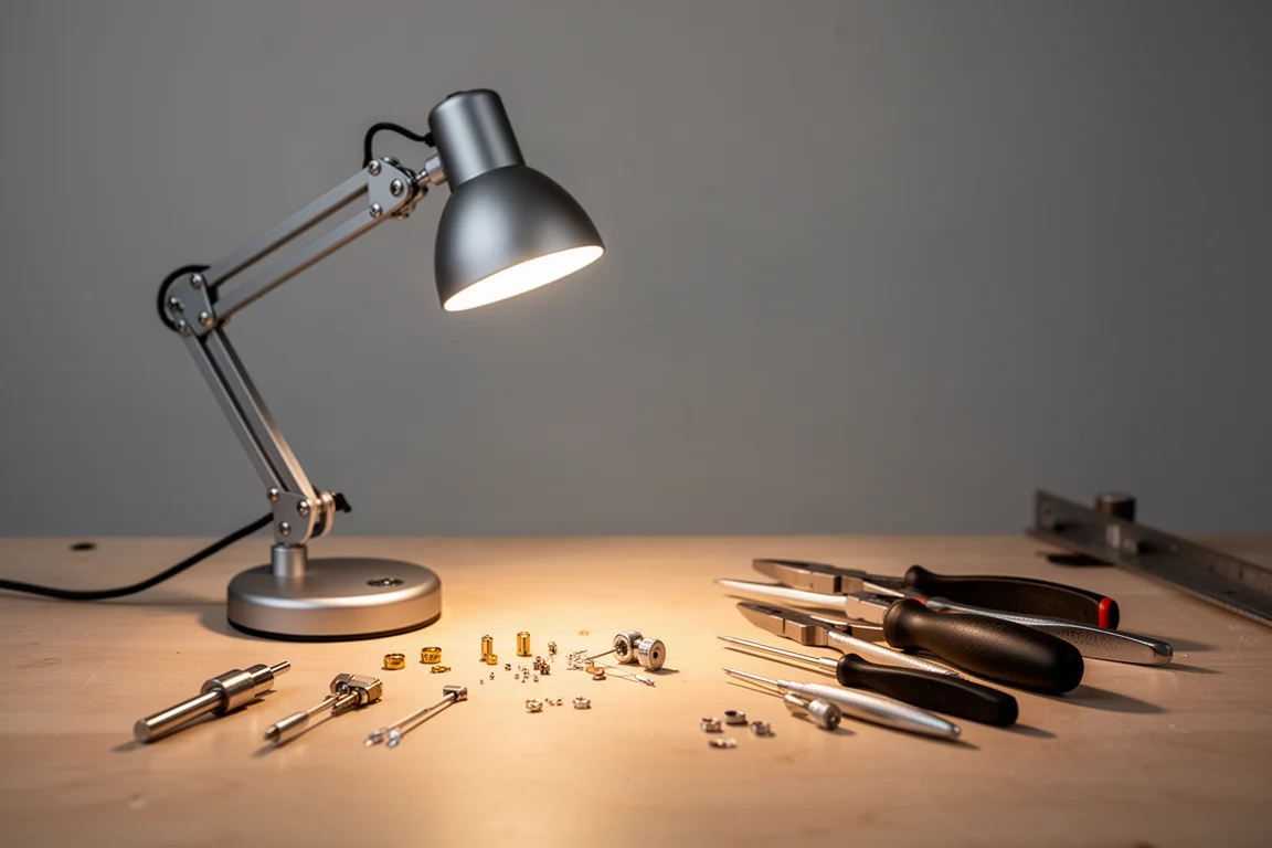 Workbench scene lit by an adjustable task lamp during detail work