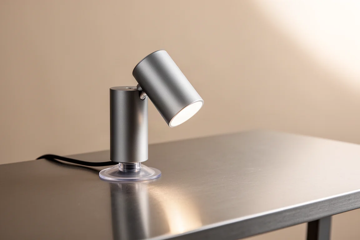 Compact lamp with suction base sitting on a metal work surface