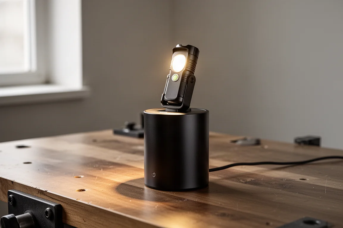 Compact desk lamp base with docked flashlight glowing warmly on a workbench