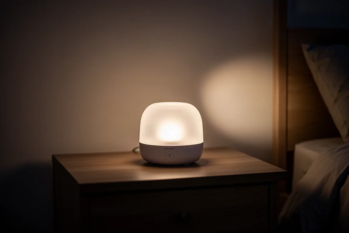 Kleines tragbares Flächenlicht leuchtet warm in einem dunklen Raum