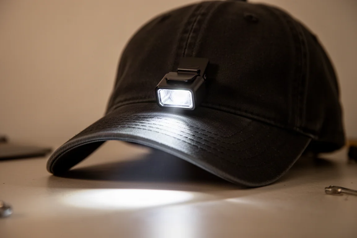 Piccola torcia a clip fissata alla visiera di un cappello che proietta luce verso il basso