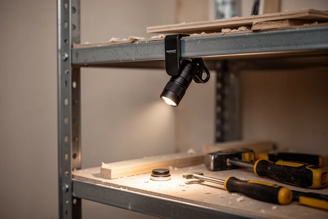 Torcia a clip fissata magneticamente a una mensola metallica che illumina un piccolo spazio di lavoro
