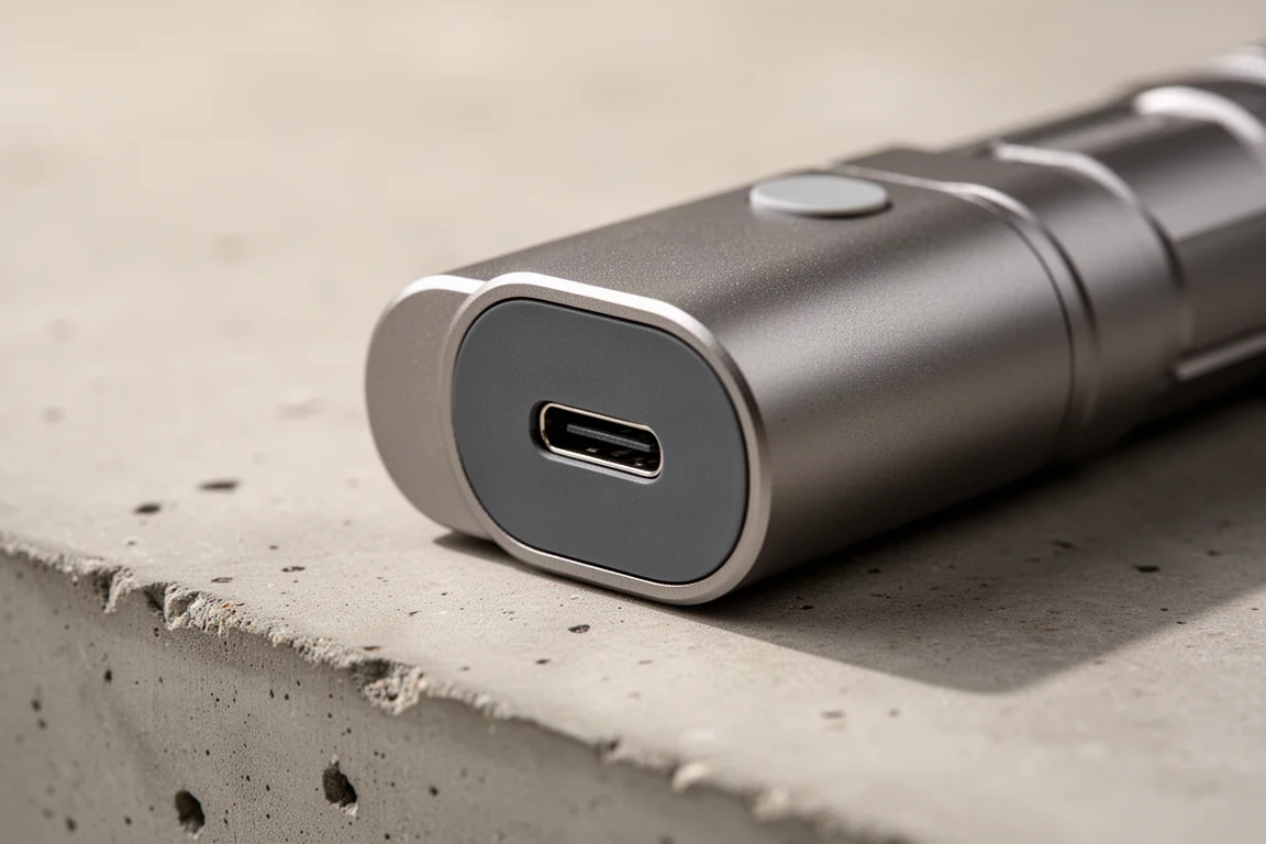 Primo piano di una porta di ricarica USB Type-C sul corpo di una piccola torcia