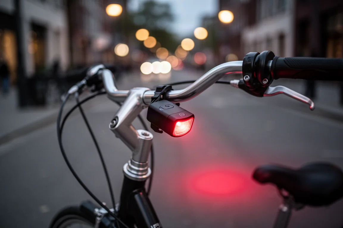 Manubrio di bicicletta al crepuscolo con una piccola luce rossa lampeggiante montata sul telaio