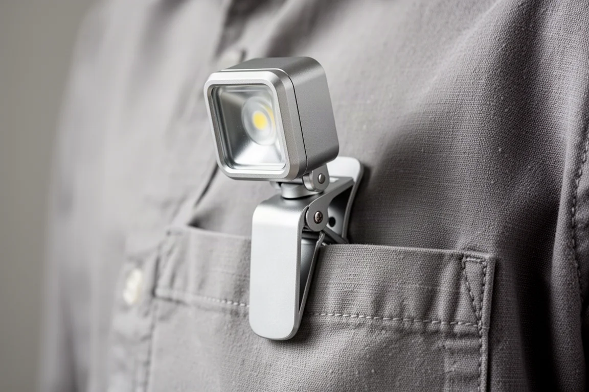 Luz de clip compacta de aluminio sujeta al bolsillo de una camisa con el haz apuntando hacia delante
