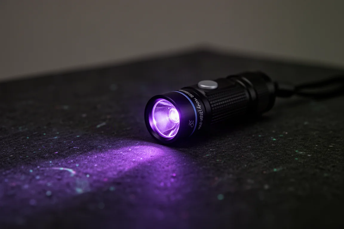 Luz de clip UV iluminando una superficie con un tenue resplandor morado
