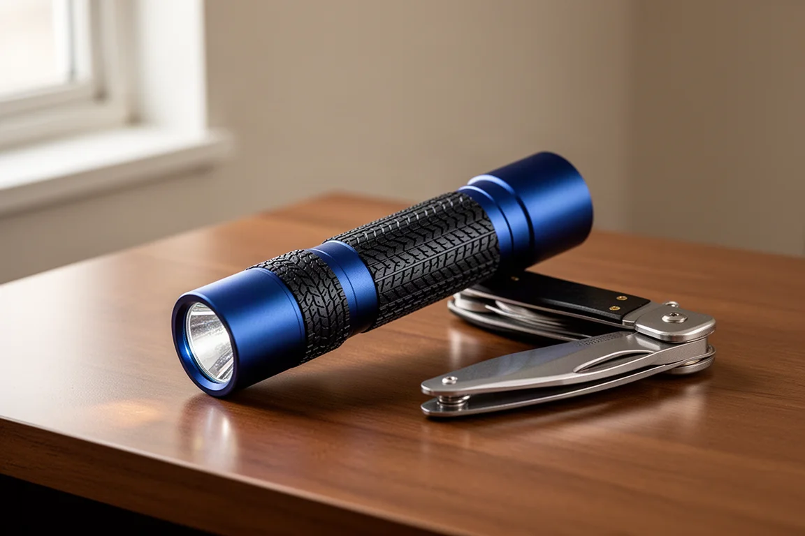 Linterna EDC delgada en acabado azul y negro sobre un escritorio de madera cepillada
