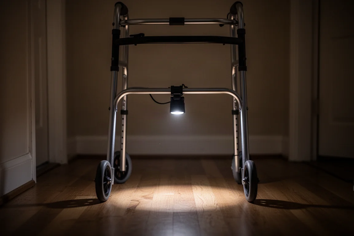 Pequena lanterna presa sob um andador iluminando o piso de um corredor escuro