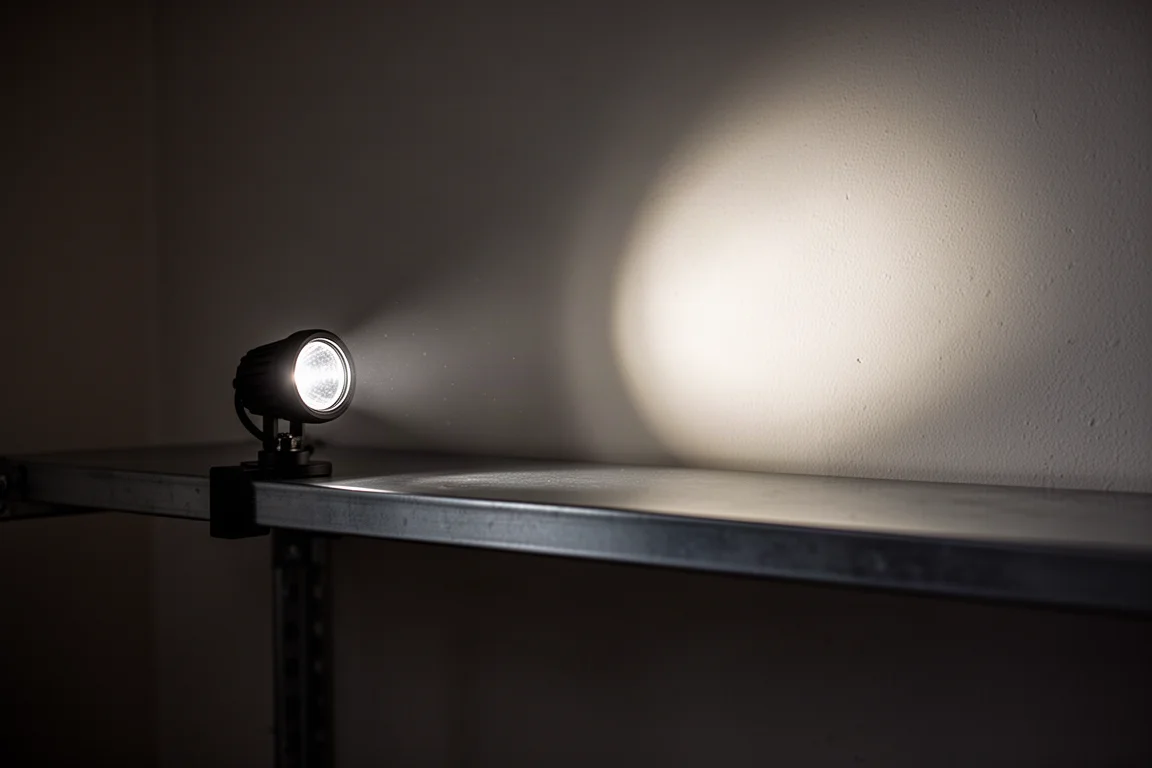 Primeiro plano do padrão de luz projetado em uma parede mostrando um foco concentrado e um feixe amplo