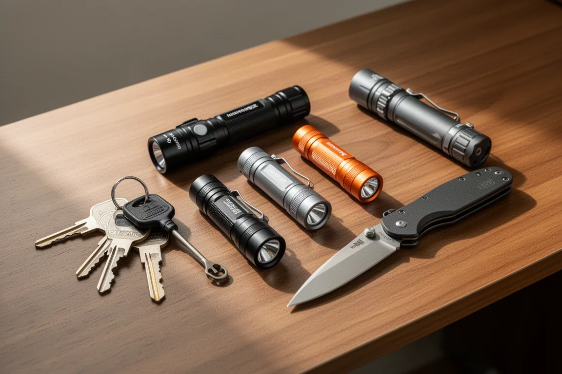 Una colección de linternas EDC compactas dispuestas sobre un banco de trabajo de madera