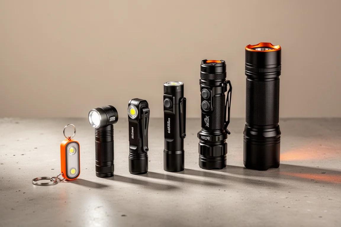 Five compact flashlights of varying sizes arranged on a concrete surface