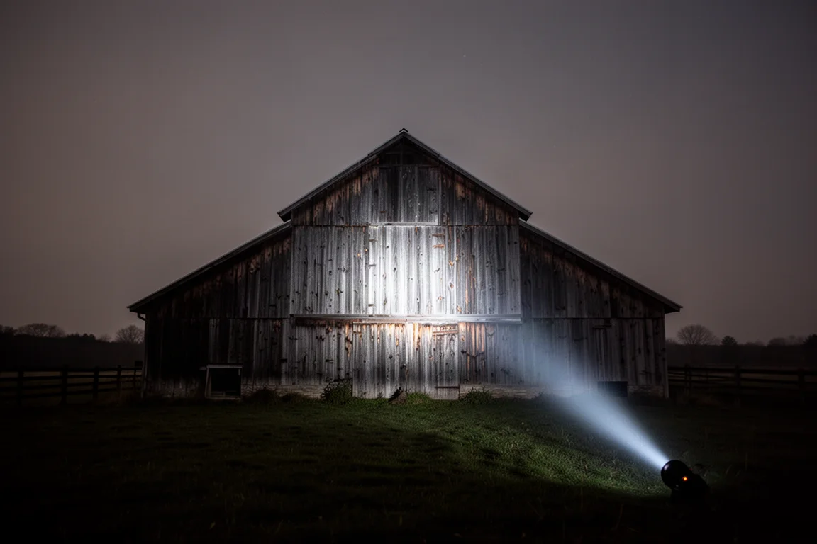 Fachada de un granero iluminada por un potente haz de linterna durante la noche