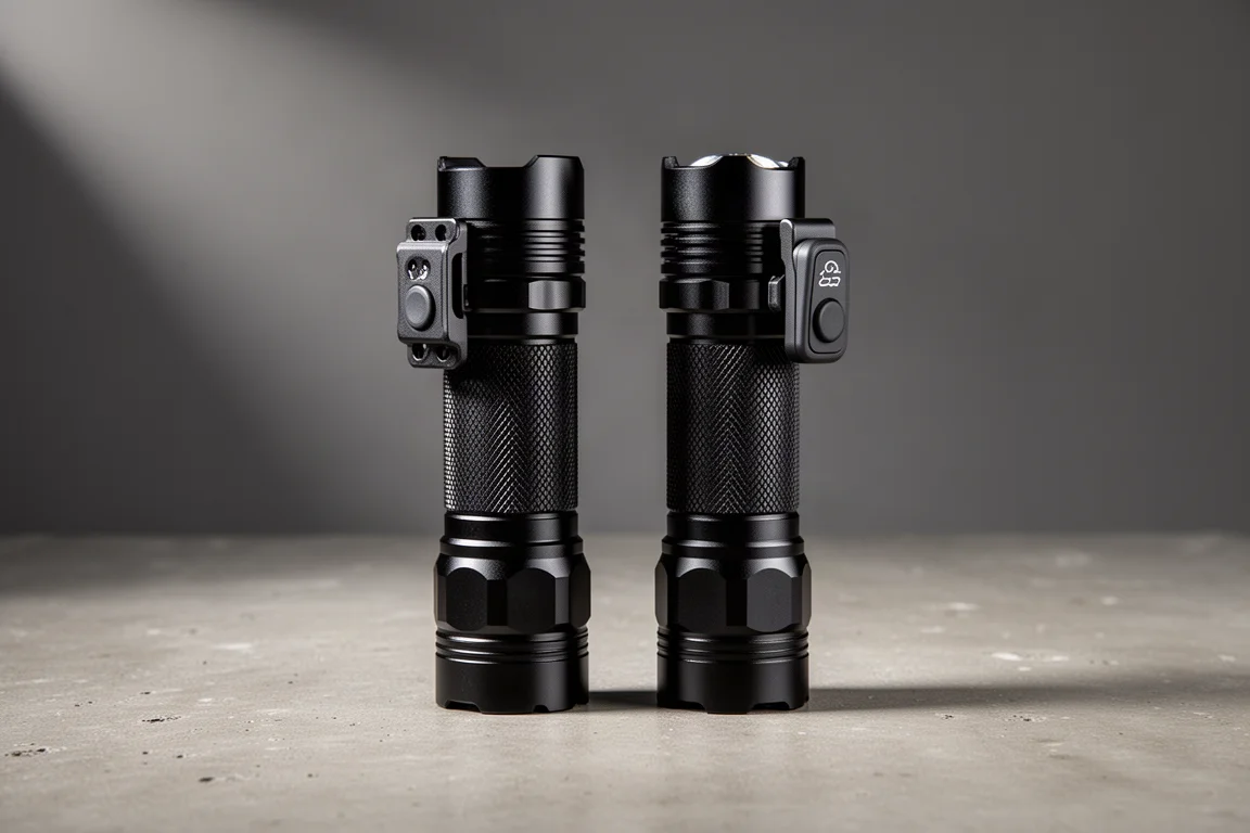 Two tactical flashlights with rail mounts side by side on concrete