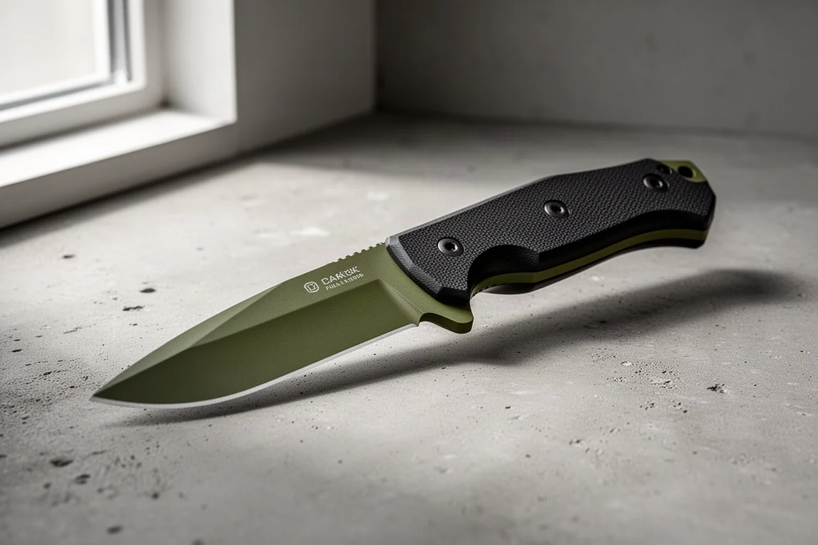 Coltello a lama fissa verde oliva con fiancate in G10 su una superficie di cemento