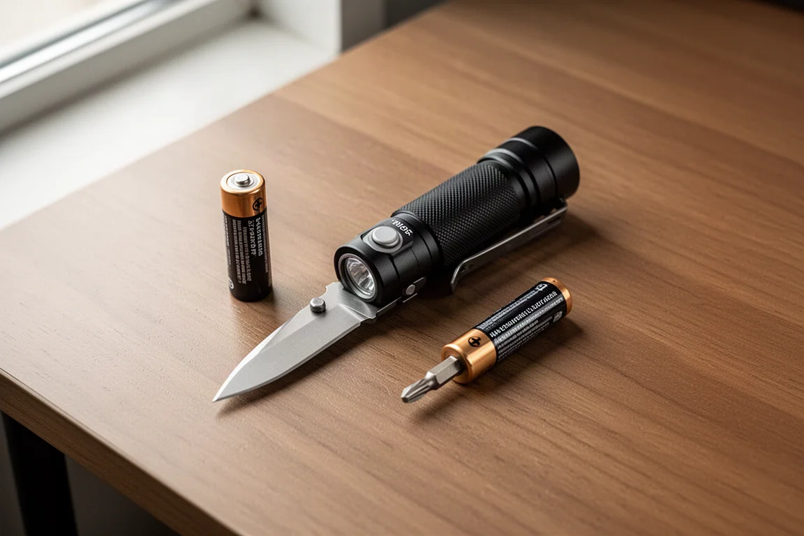 Kompakte Taschenlampe mit integrierter Klinge auf einem Holzschreibtisch neben einer AAA-Batterie