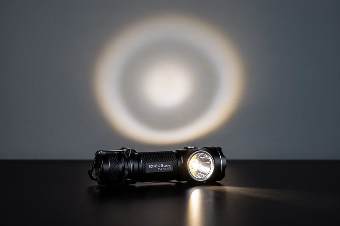 Lichtkegel einer Taschenlampe mit deutlich zentriertem Spot an einer dunklen Wand