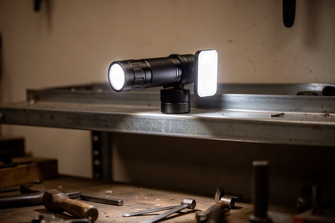 Magnetische Taschenlampe mit leuchtendem Seitenlicht auf einem Metallregal, das einen kleinen Arbeitsbereich beleuchtet