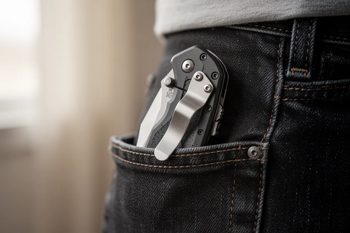 Cutter agganciato alla tasca di un abbigliamento casual da everyday carry