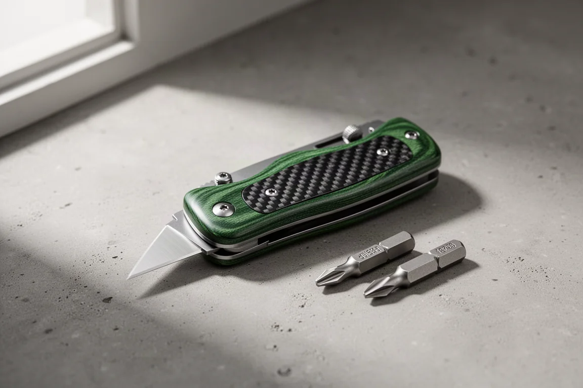 Cutter Olight OKnife U1 Pro con manico in Micarta verde appoggiato su una superficie in cemento