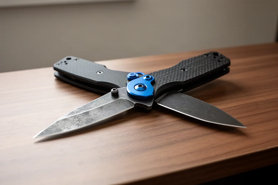 Folding knife with textured G10 handle and blue anodized pivot resting open on a wooden desk