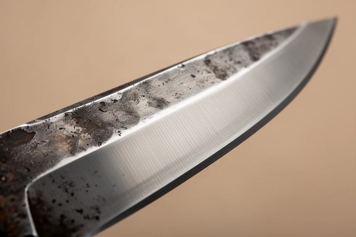 Close-up of a dual grind knife blade showing hollow grind near the handle and flat grind toward the tip