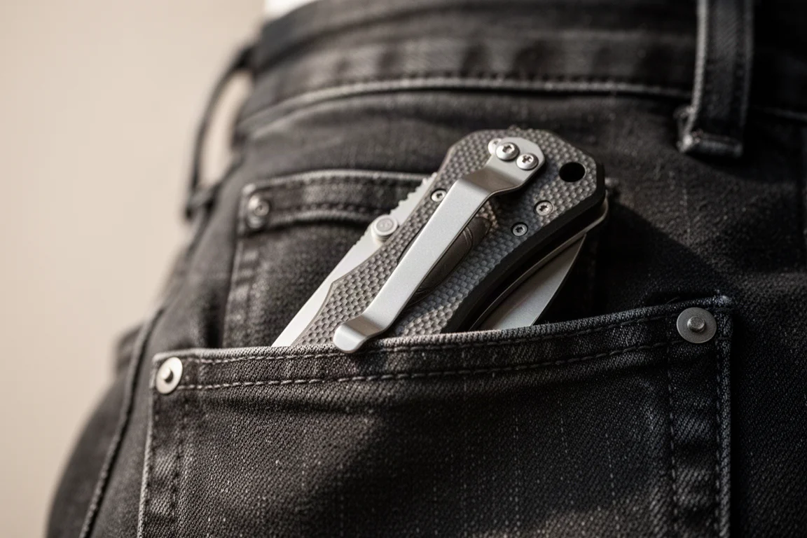 Person holding a folding knife with a deep pocket clip attached to a jeans pocket