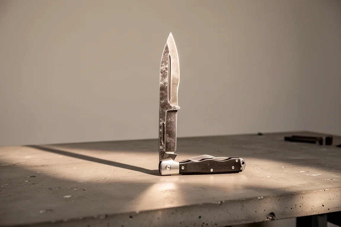 Folding knife standing open on a concrete workbench in soft afternoon light