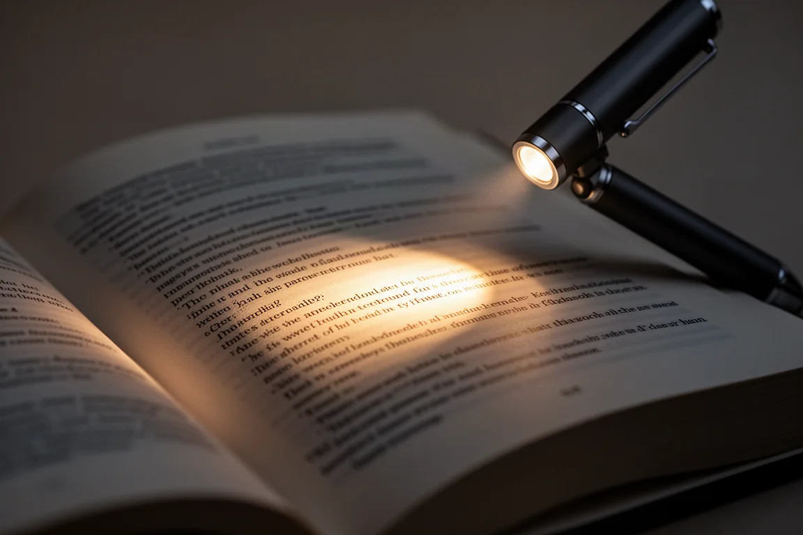 Svagt ljus från en liten lampa som upplyser en boksidor i ett mörkt rum