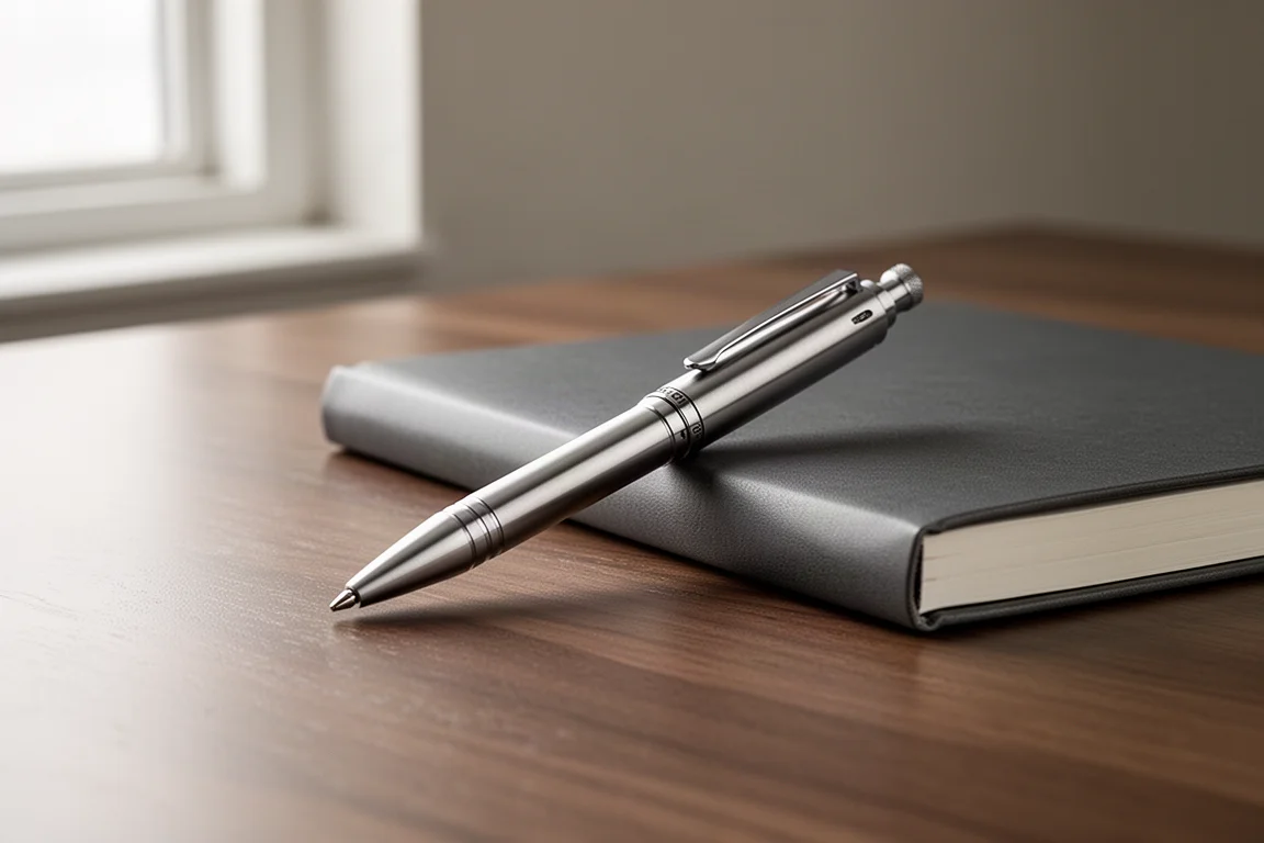 Stylo EDC à pompe posé sur un bureau dans une douce lumière de fenêtre